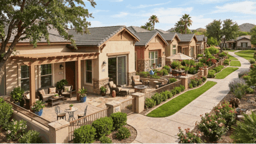 patio homes with private courtyards, outdoor seating, and landscaped walkways.