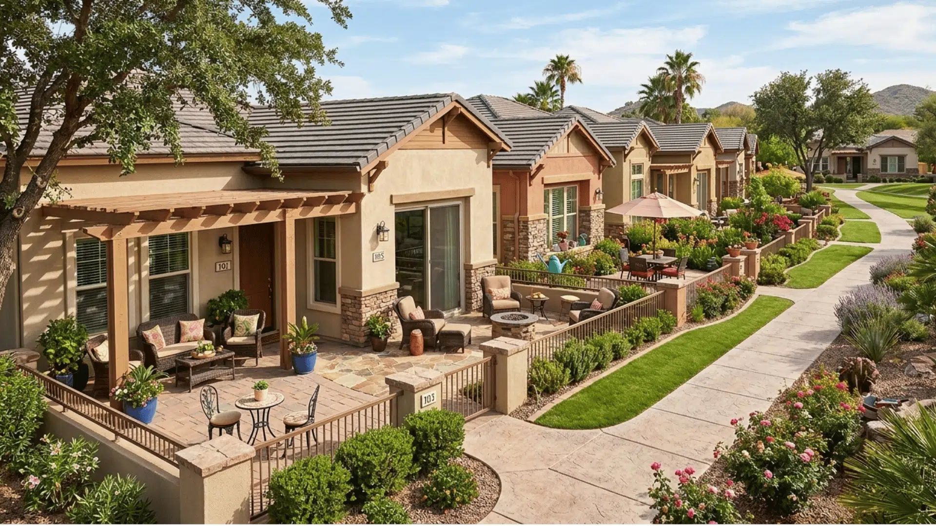 patio homes with private courtyards, outdoor seating, and landscaped walkways.