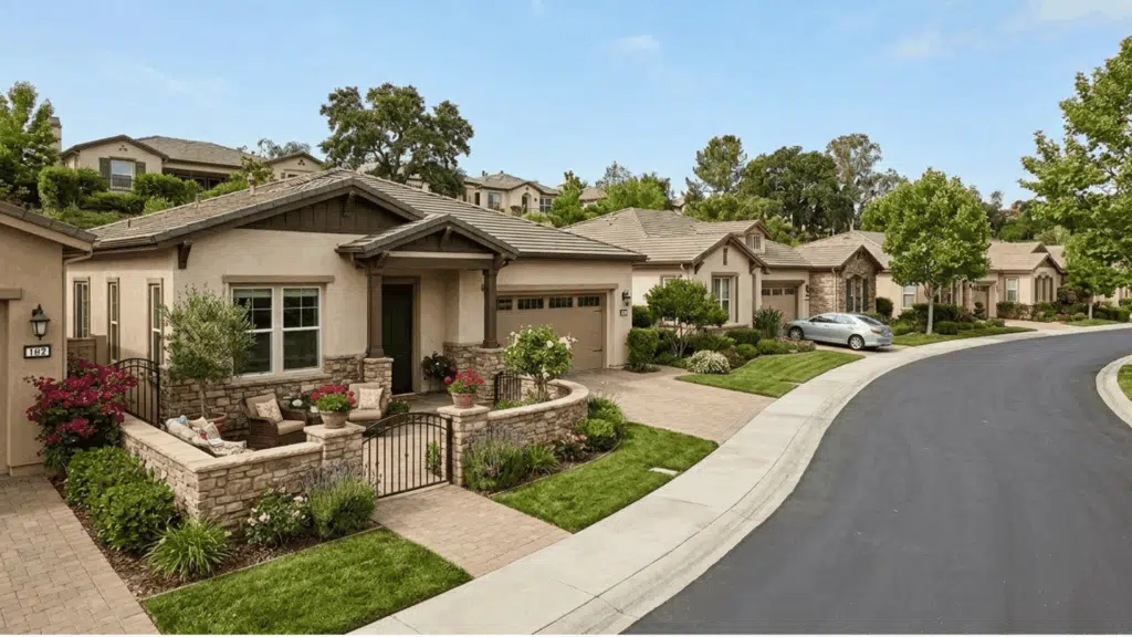 patio homes with small yards, driveways, and clean neighborhood streets.