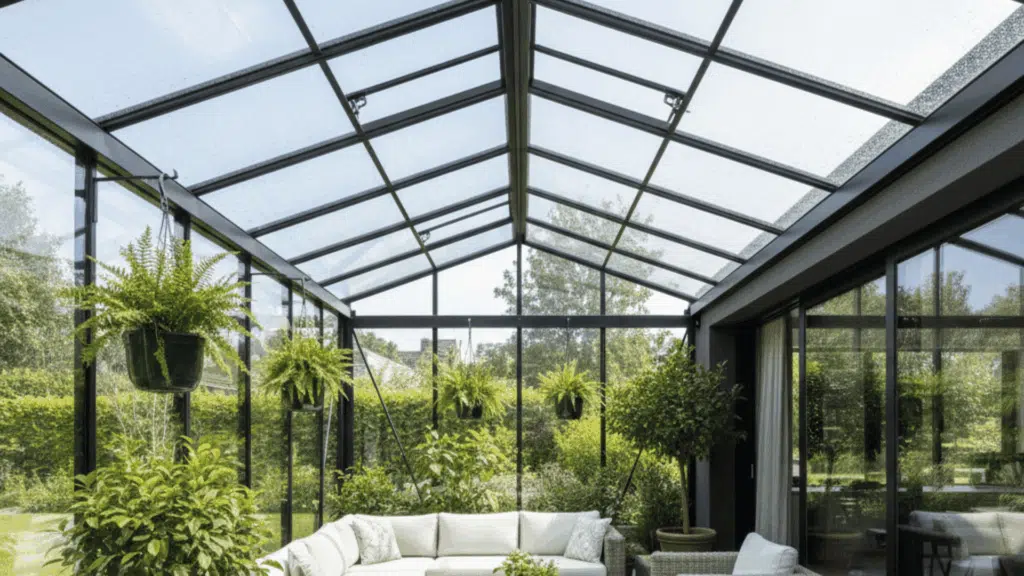 patio with a clear glass roof that lets sunlight in while sheltering from rain, perfect for gardening