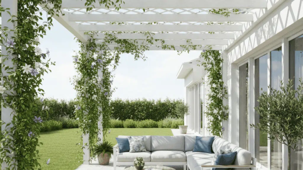 patio with a lattice roof structure offering filtered sunlight and the opportunity to grow climbing plants for added greenery