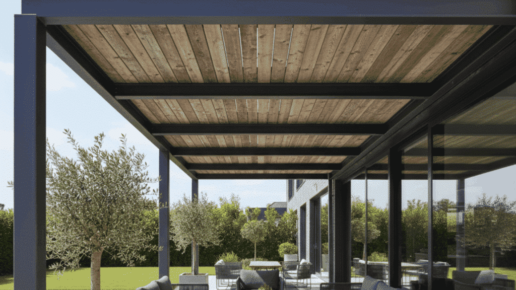 patio with a roof made from a mix of combining rustic charm and modern appeal for a sturdy and stylish outdoor living area.