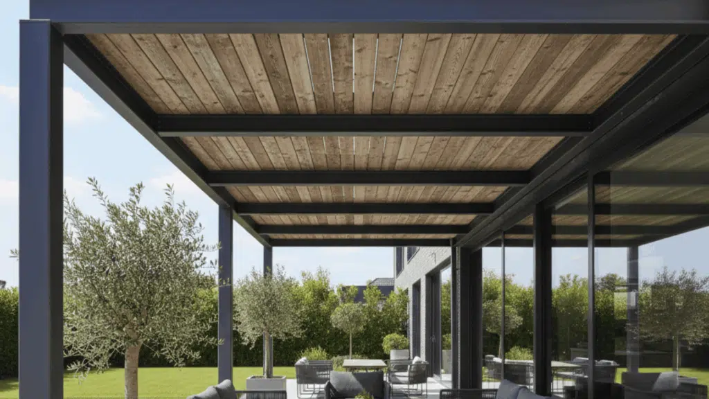 patio with a roof made from a mix of combining rustic charm and modern appeal for a sturdy and stylish outdoor living area.