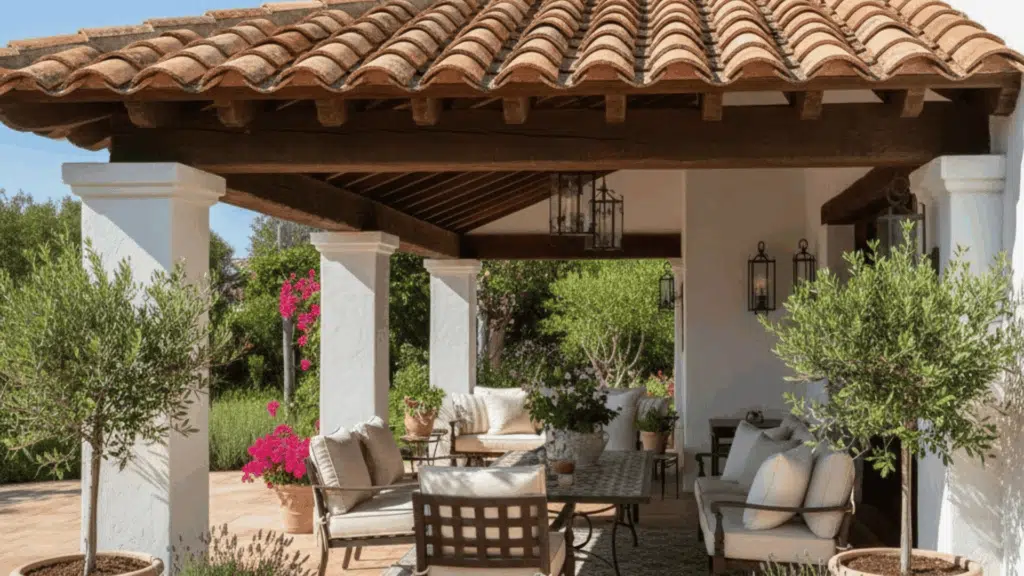 patio with a rustic terracotta tile roof, providing a Mediterranean-inspired design that offers full coverage.