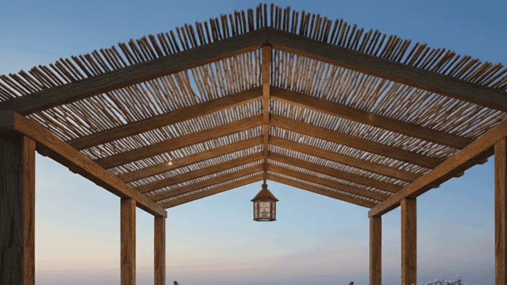 patio with bamboo reed roofing, creating a laid-back, tropical vibe with a sustainable, natural design.