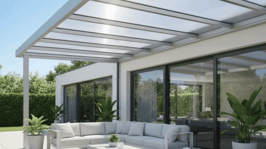 patio with clear polycarbonate panels, offering a sleek, modern look while letting in light and protecting.