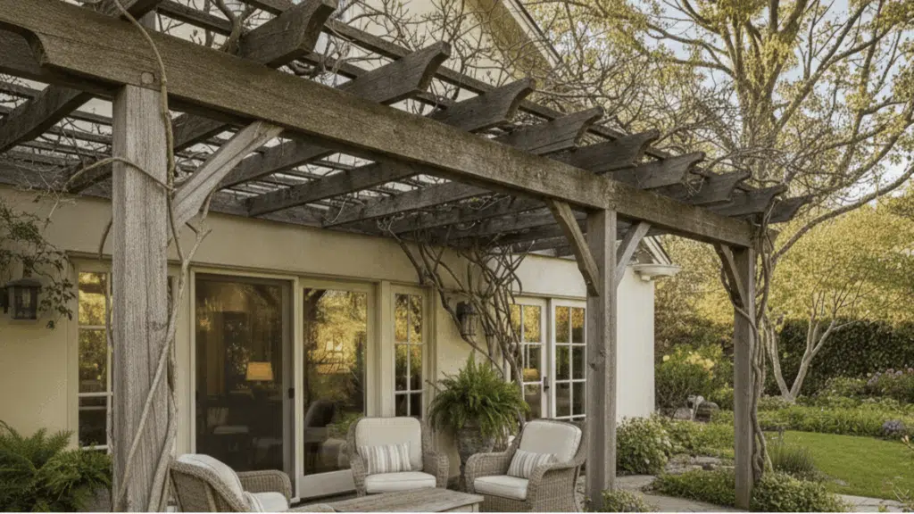 patio with climbing vines growing over the roof, creating natural shade and a peaceful garden vibe.