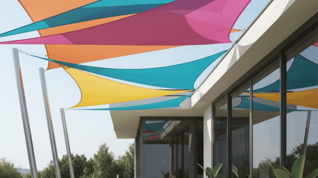 patio with colorful fabric shade sails providing stylish shade and adding vibrant colors to the outdoor space