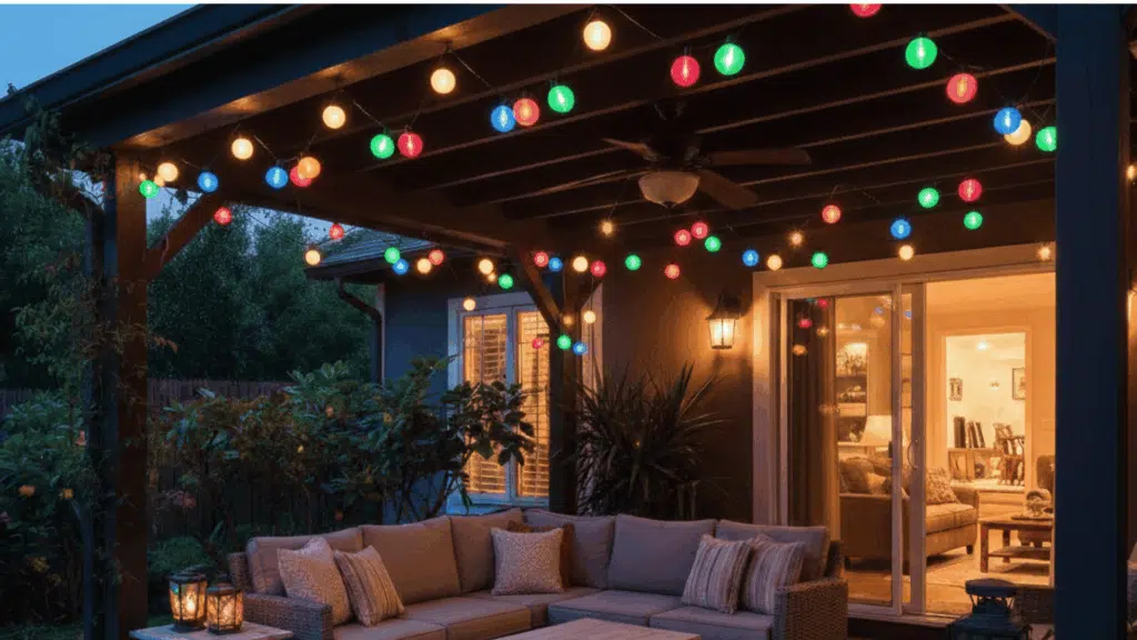 patio with colorful fabric shade sails providing stylish shade and adding vibrant colors to the outdoor space