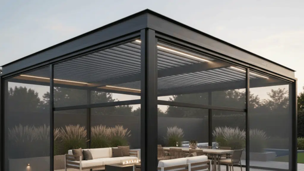patio with motorized screens that roll down for shade and insect protection, offering modern convenience.