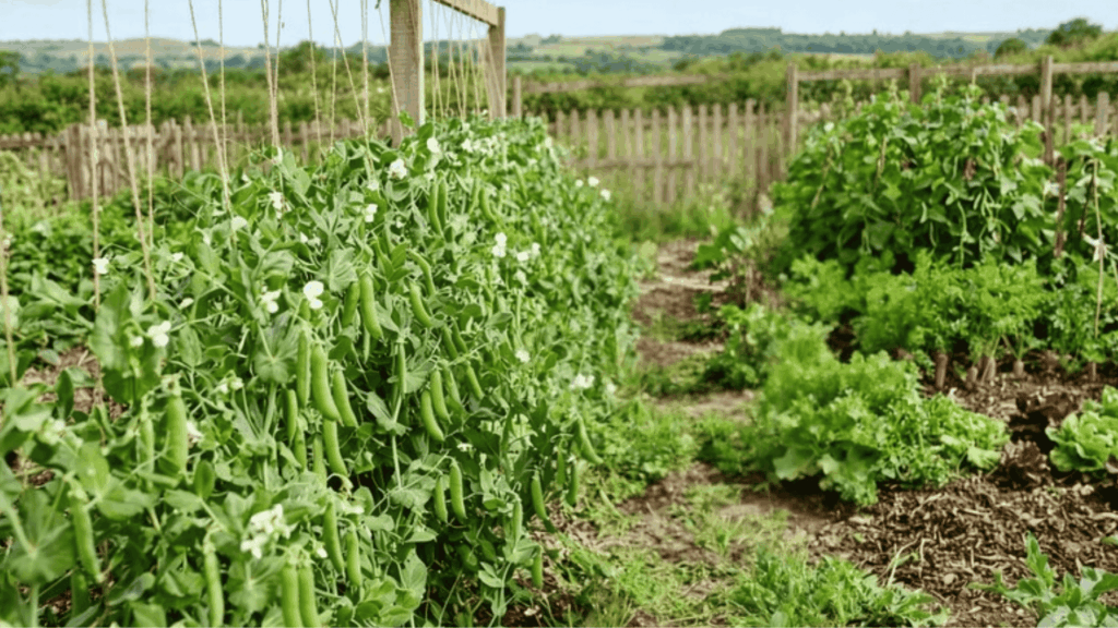 pea plants growing on trellises in a garden bed with green pods, surrounding vegetables, and a rustic fence in the background