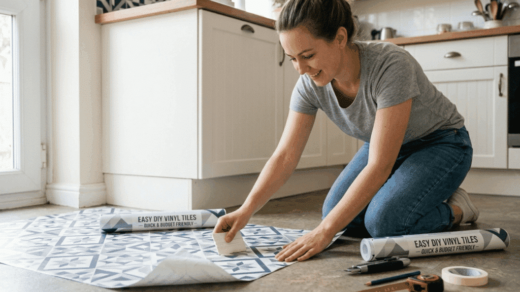 peel-and-stick vinyl tiles being applied on kitchen floor.
