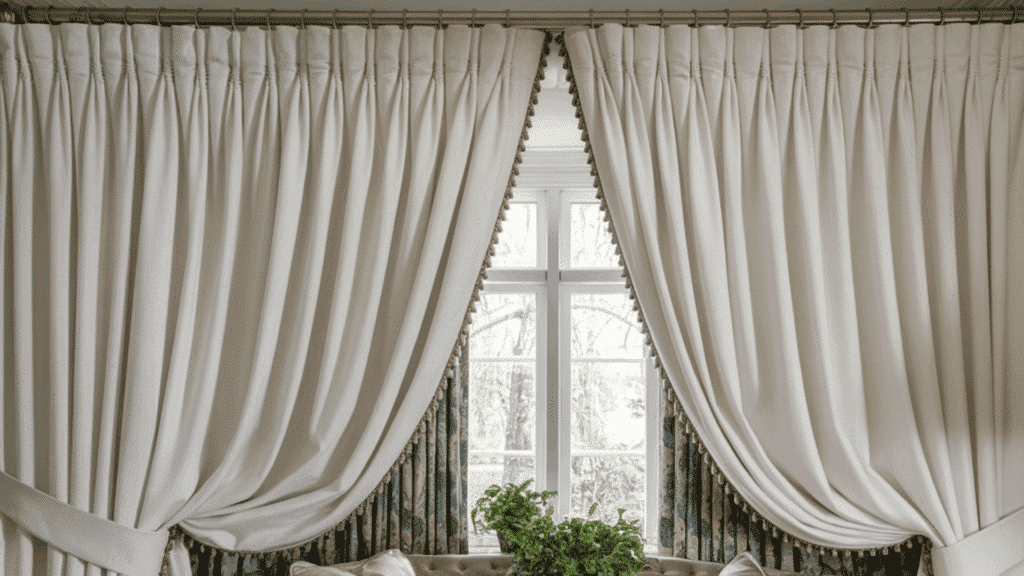 pencil pleat curtains hanging in a living room with narrow, tightly gathered pleats.