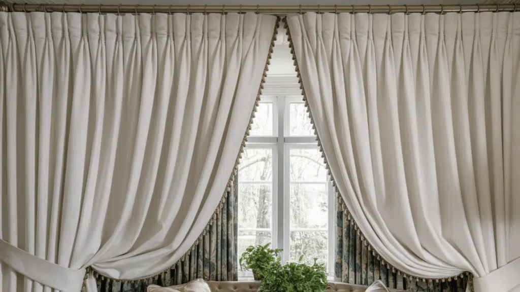 pencil pleat curtains hanging in a living room with narrow, tightly gathered pleats.
