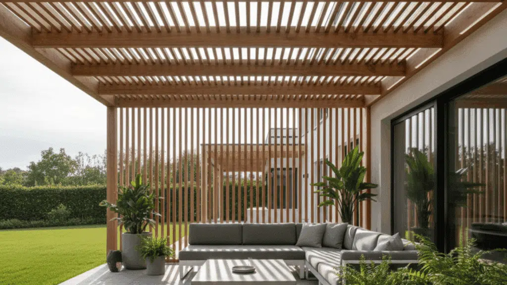 pergola with narrow slats offering partial shade, allowing sunlight to filter through beautifully