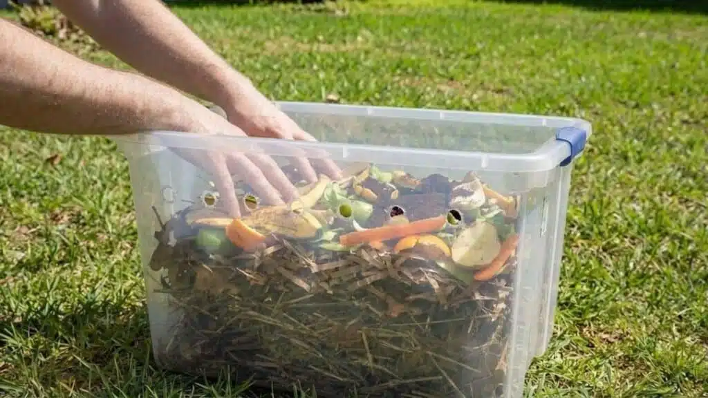 person adding kitchen scraps like banana peels, carrot peels, apple cores, and coffee grounds on top of a layer of dry compost materials inside a clear plastic bin