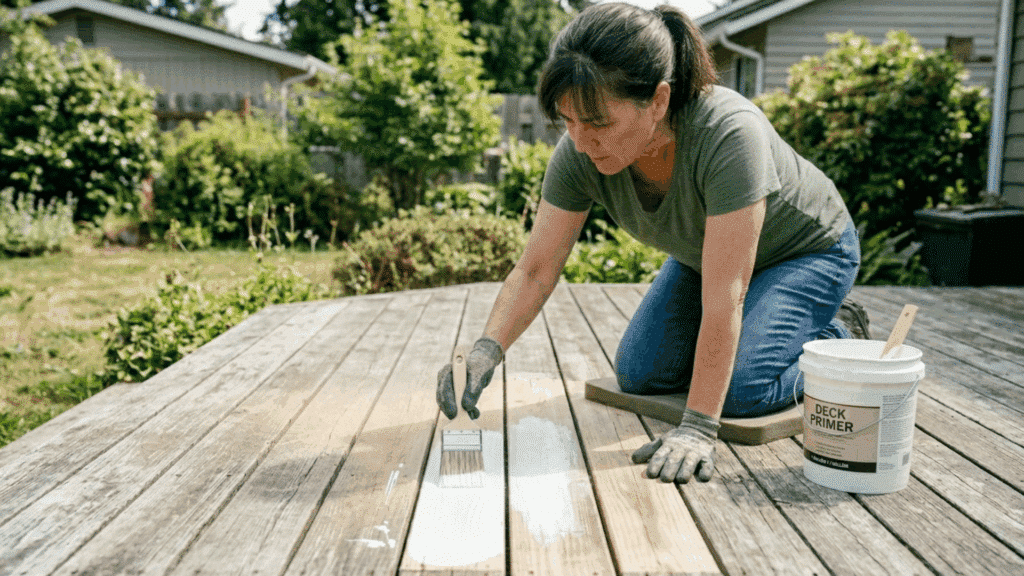person applying exterior primer evenly on pressure treated wood using brush and roller for strong paint adhesion