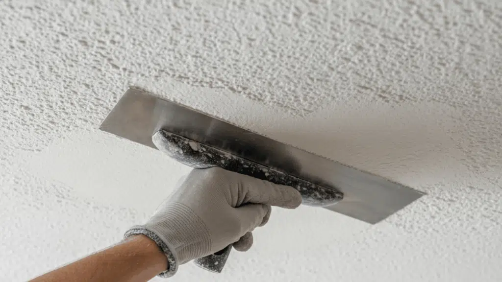 person applying plaster to textured ceiling with metal trowel while holding a bucket of joint compound