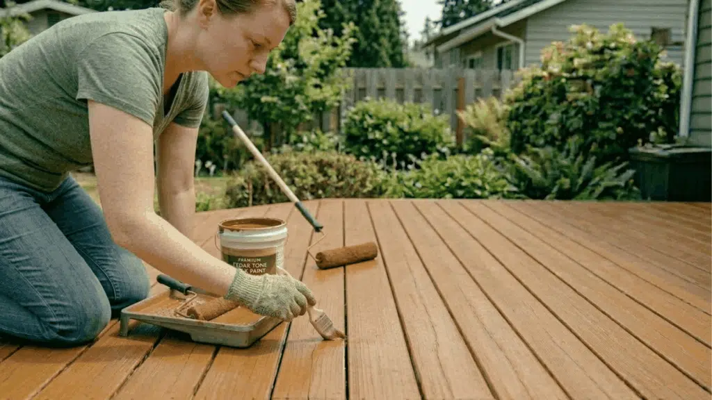 person applying second coat and inspecting painted pressure treated wood surface for missed spots and smooth finish