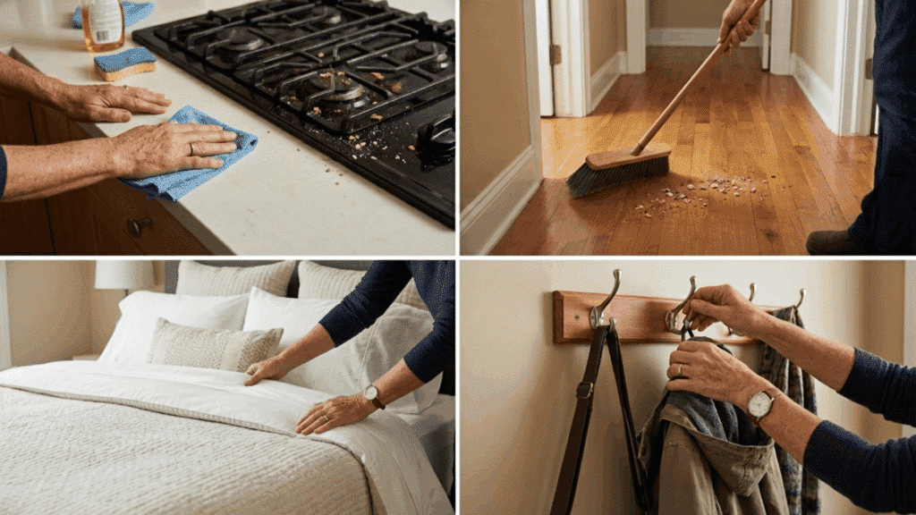person cleaning kitchen counter, sweeping floor, making bed, and organizing clothes on wall hooks in a tidy home