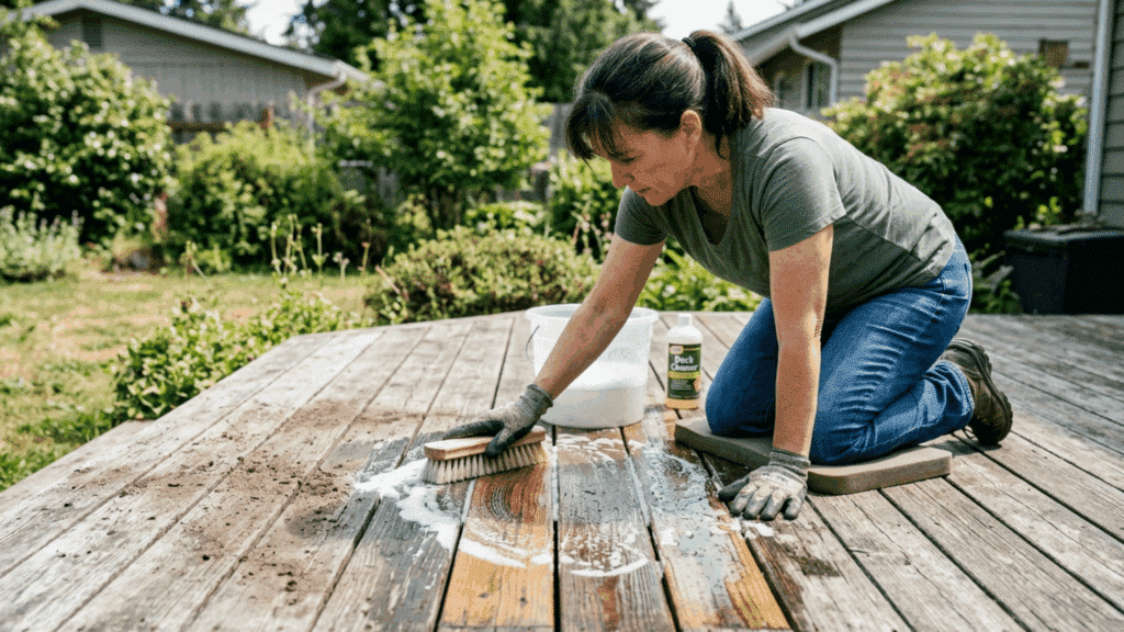 person cleaning wooden deck with brush and cleaner to remove dirt before painting