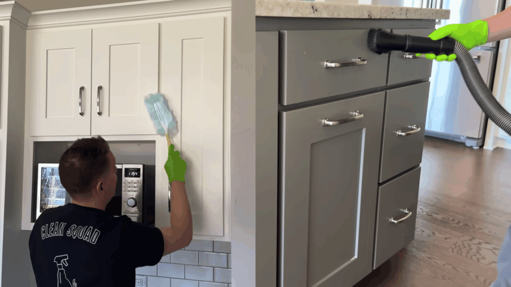 person dusting white painted kitchen cabinets with a duster.