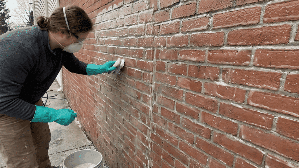 person in safety gear uses a stiff brush to scrub the bubbling clear gel into the brick to loosen the paint
