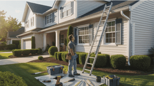 person inspecting house exterior with ladder and tools during routine home maintenance.
