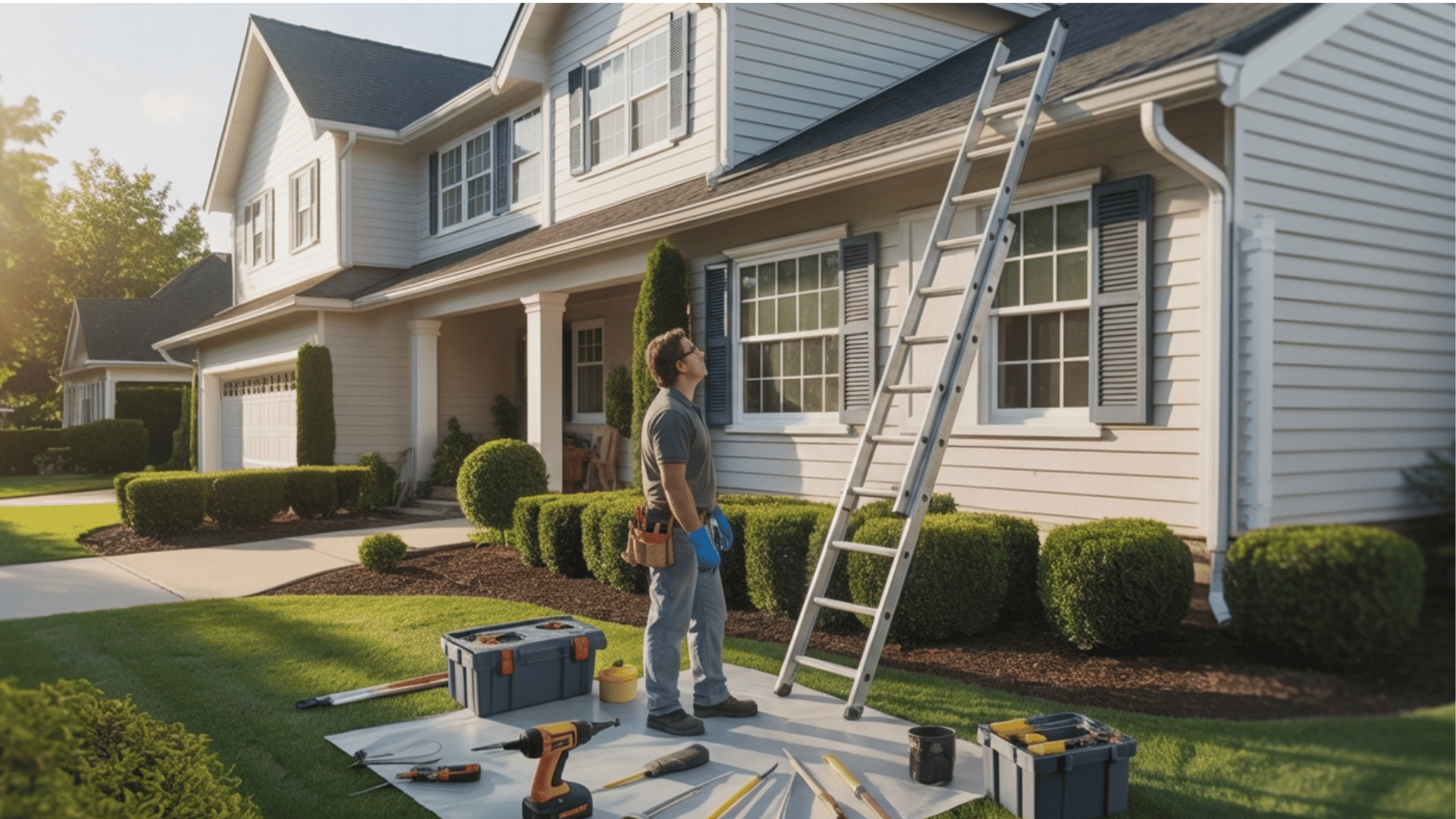 person inspecting house exterior with ladder and tools during routine home maintenance.