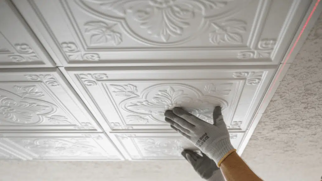 person installing decorative white ceiling tiles over textured ceiling wearing gloves