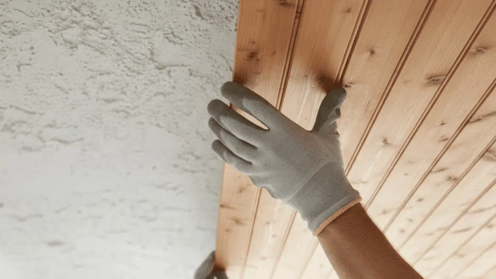 person installing natural wood tongue-and-groove planks on ceiling over textured surface while wearing gloves