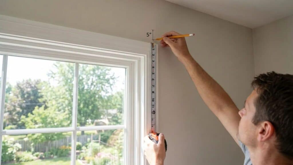 person measuring five inches above a window frame with a tape measure and marking the wall with a pencil