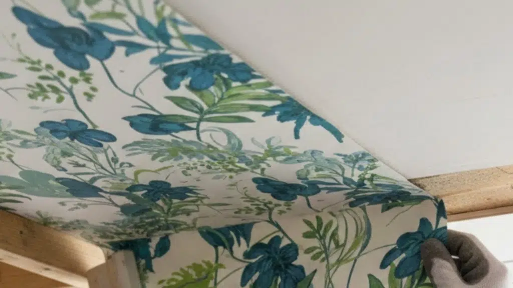 person painting a blue decorative ceiling tile with a roller while standing on a ladder (1)