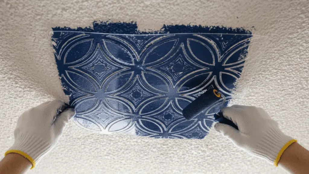 person painting a blue decorative ceiling tile with a roller while standing on a ladder