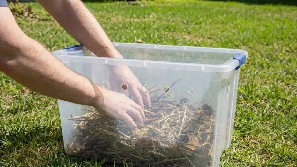 person placing a layer of dry compost materials like straw, twigs, and leaves into a clear plastic bin with ventilation holes, setting up a DIY compost container on a grassy lawn