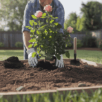 person planting a rose bush in a prepared garden bed with soil and tools showing the process of planting roses in a home garden