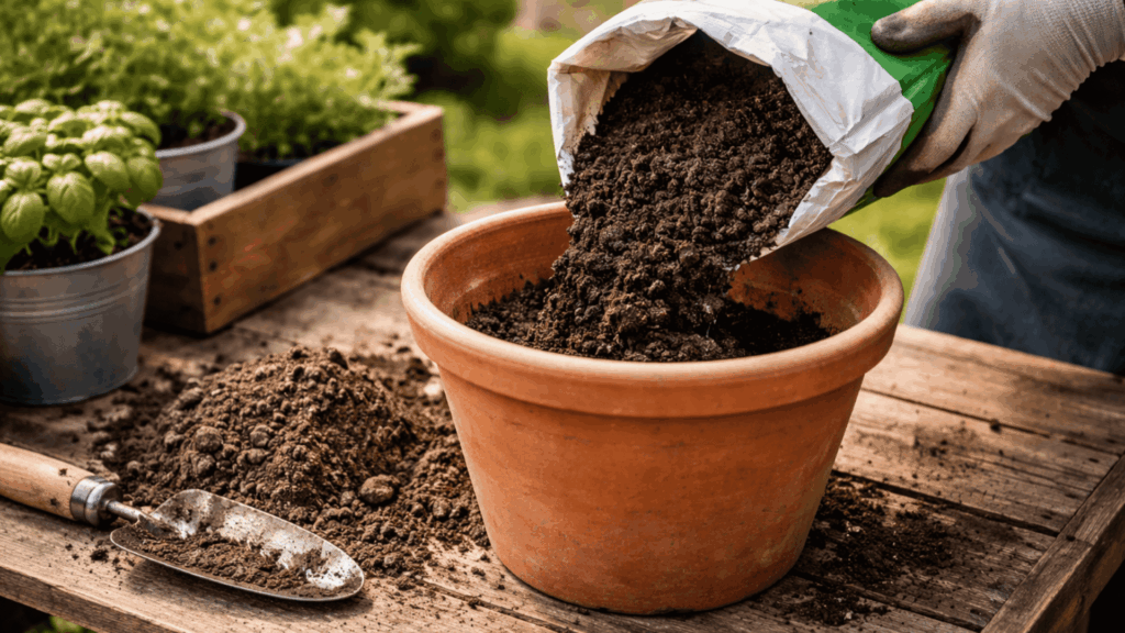 person replacing old compacted soil in a terracotta pot with fresh dark compost to refresh nutrients for container plants