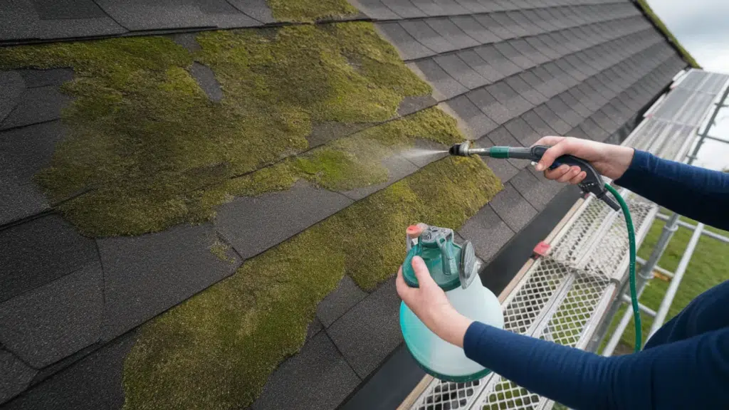 person spraying moss killer solution across a moss-covered roof with a garden sprayer