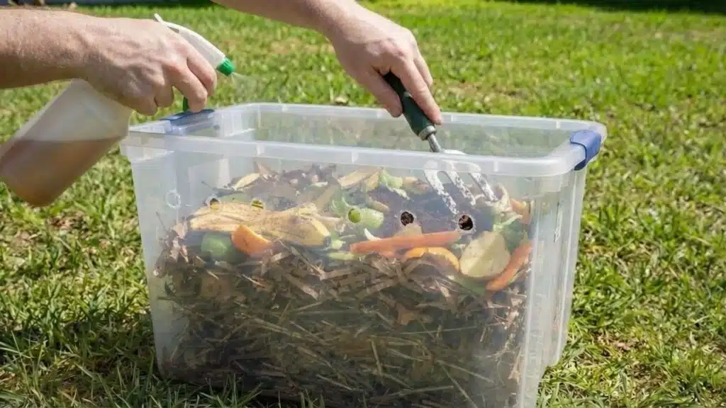person spraying water and mixing food scraps and dry materials with a hand fork inside a clear plastic bin compost setup on a grassy lawn