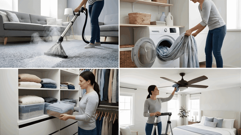 person steam cleaning carpet, doing laundry, organizing closet, and dusting ceiling fan in a clean and tidy home