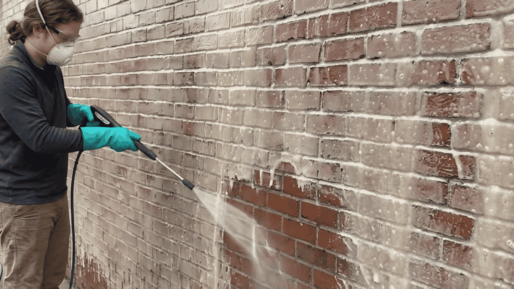 person uses a high pressure washer to spray away the chemical residue and dissolved paint from the bricks