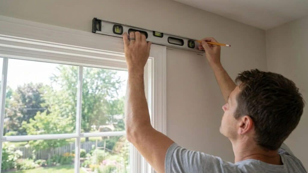 person using a level and pencil to mark a straight line above a window frame for curtain rod installation