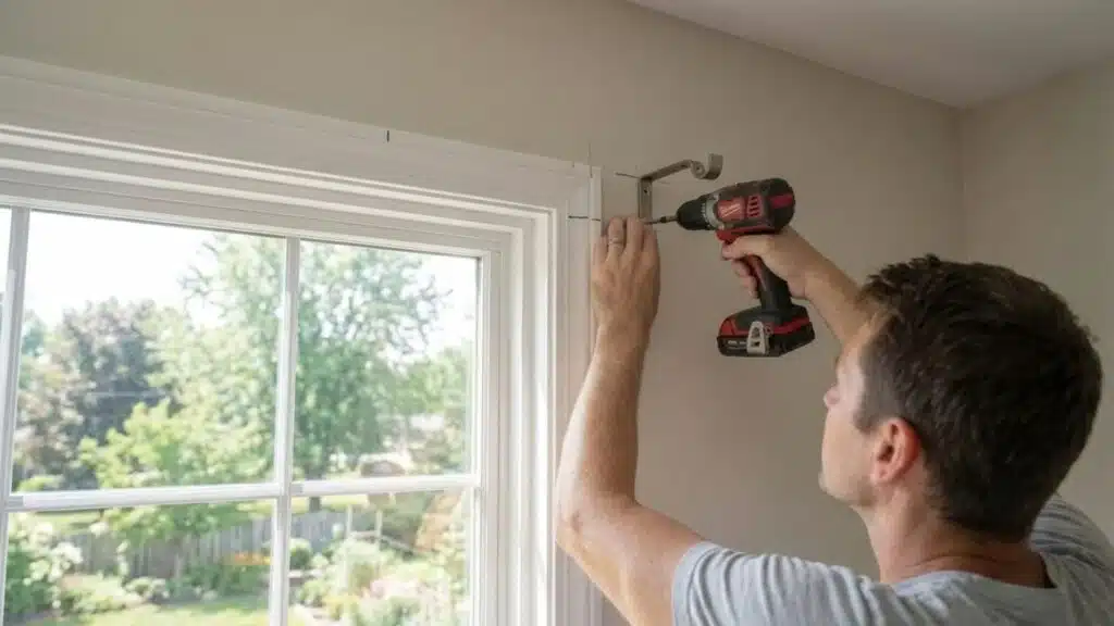 person using a power drill to install a curtain rod bracket above a window frame