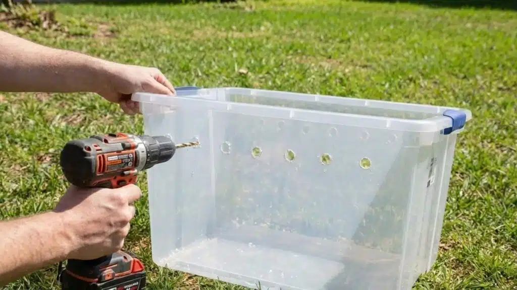 person using a power drill to make ventilation holes along the side of a clear plastic storage bin placed on grass, preparing it to be used as a DIY compost container