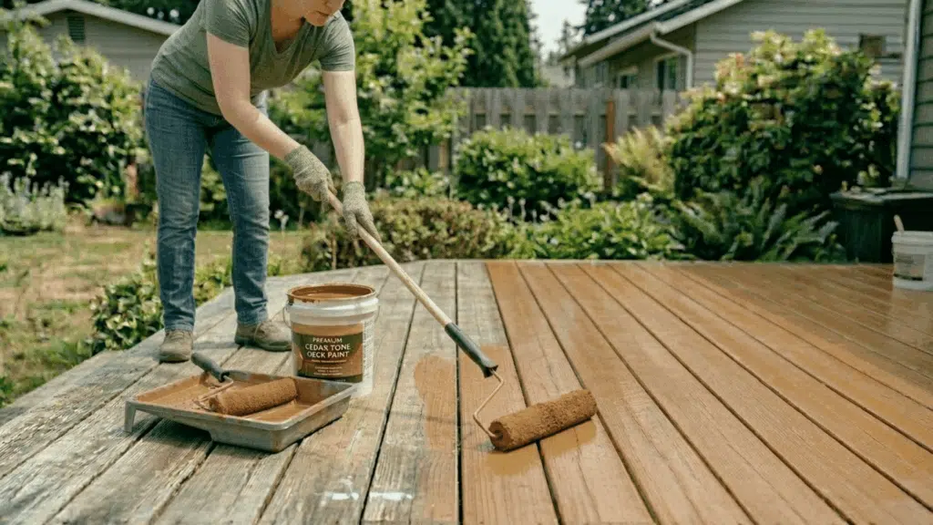 person using paint roller to apply first coat of paint evenly on pressure treated wood boards in outdoor setting