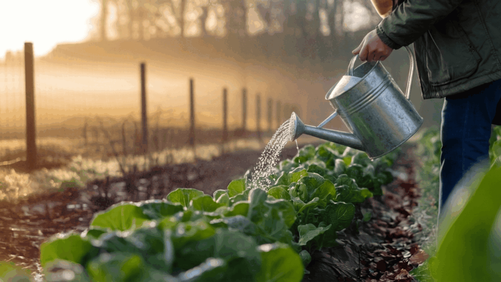 person watering garden plants early in the morning with a watering can in soft golden sunlight