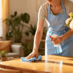 person wearing a blue apron cleaning a wooden table with a cloth and spray bottle in a bright, cozy home interior with flowers on the table