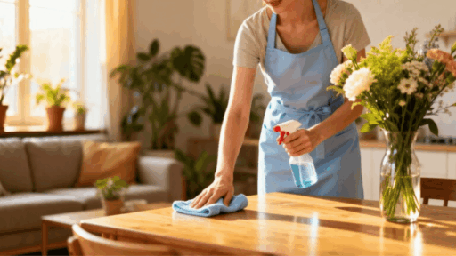 person wearing a blue apron cleaning a wooden table with a cloth and spray bottle in a bright, cozy home interior with flowers on the table