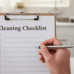 person writing a cleaning checklist on a clipboard in a bright kitchen, organizing household tasks for effective home cleaning routine