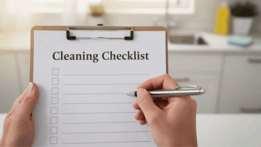 person writing a cleaning checklist on a clipboard in a bright kitchen, organizing household tasks for effective home cleaning routine